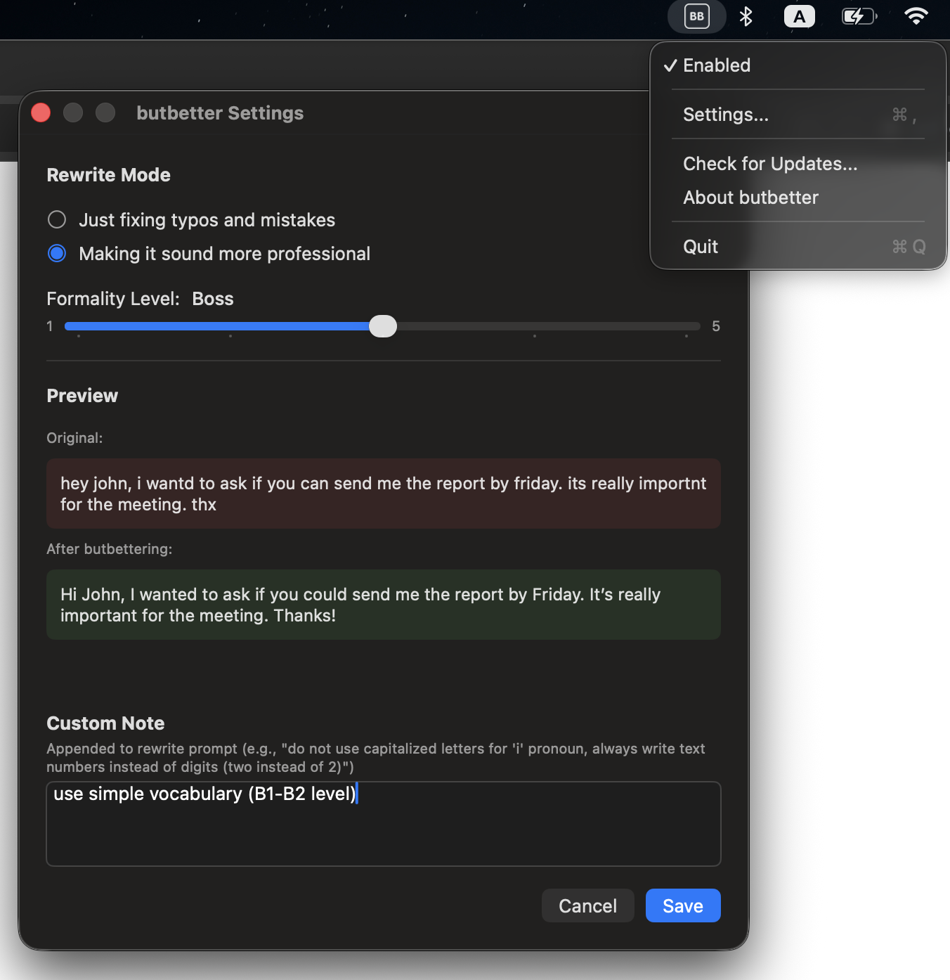 butbetter settings panel